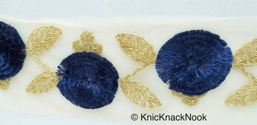 Beige Net Lace Trim With Blue / Beige / Red Thread Flowers and Gold Leaves Embroidery, Approx. 95mm wide
